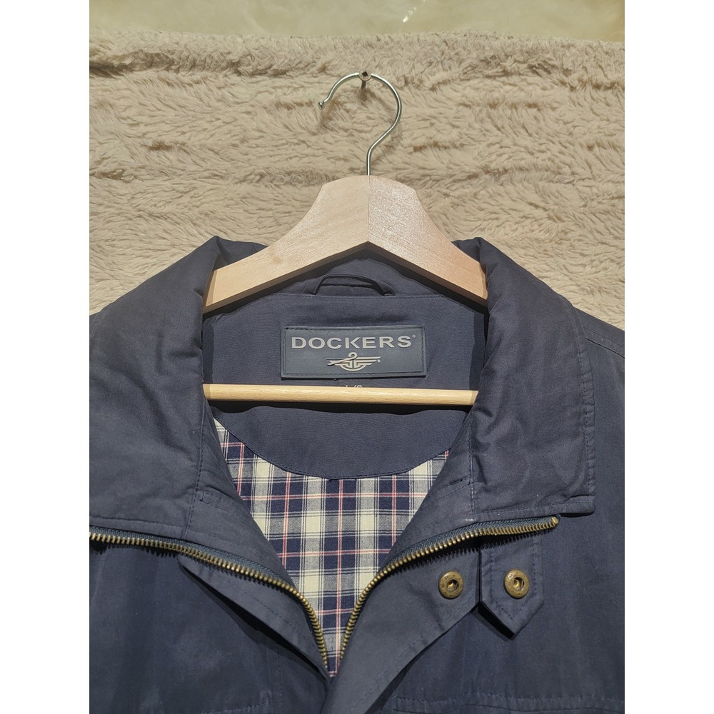 Dockers Mens Navy Blue Full Zip Lightweight Jacket Plaid Lined Windbreaker Large